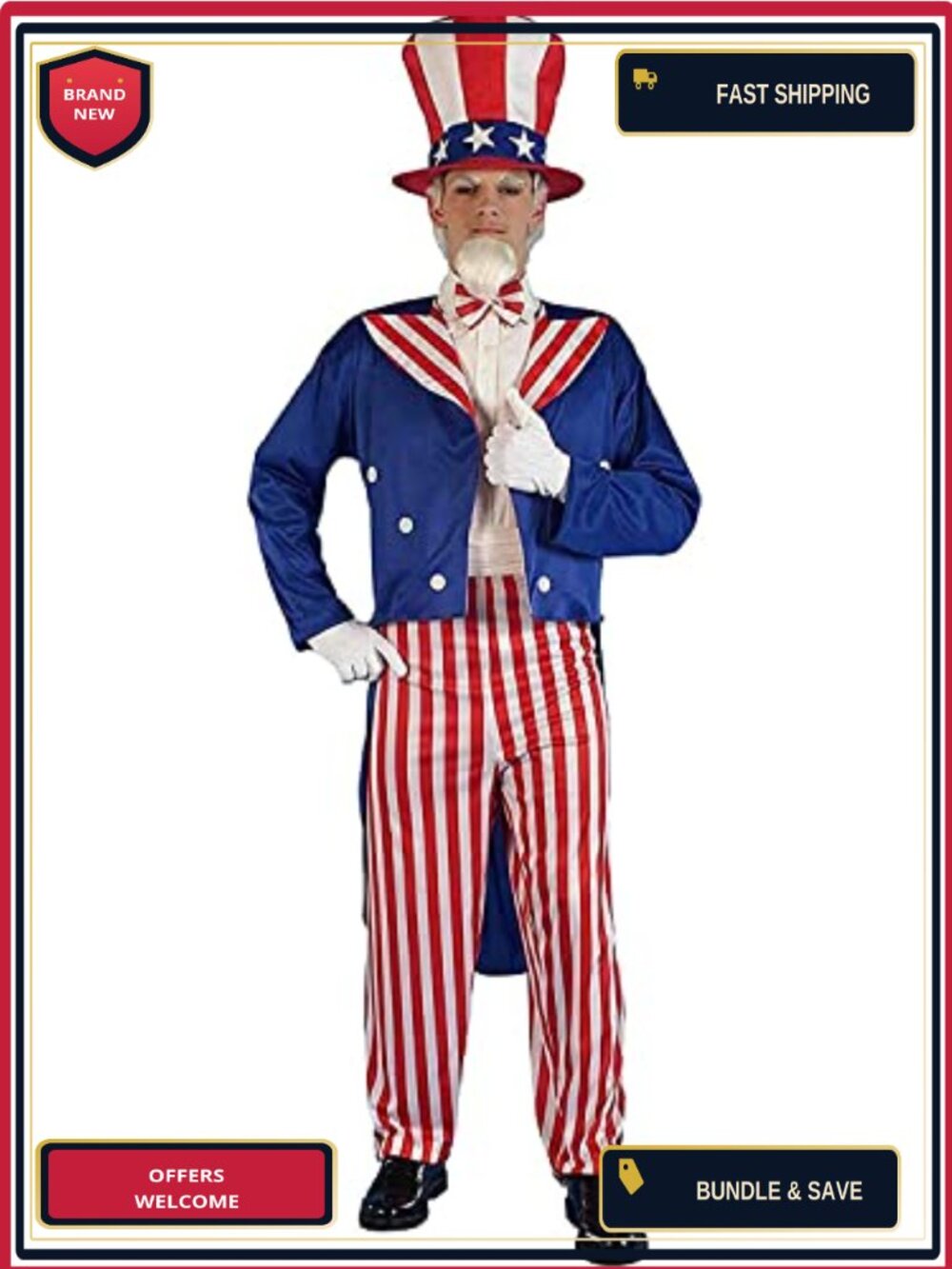 Patriotic Party Uncle Sam Costume Hat Bowtie Jacket Pants Men's Medium